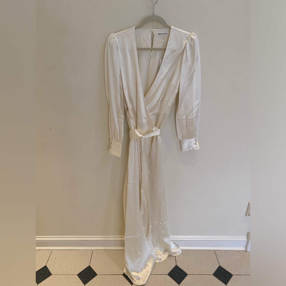 Reformation Satin Ivory Wrap Wedding Dress - Picture 5 of 9